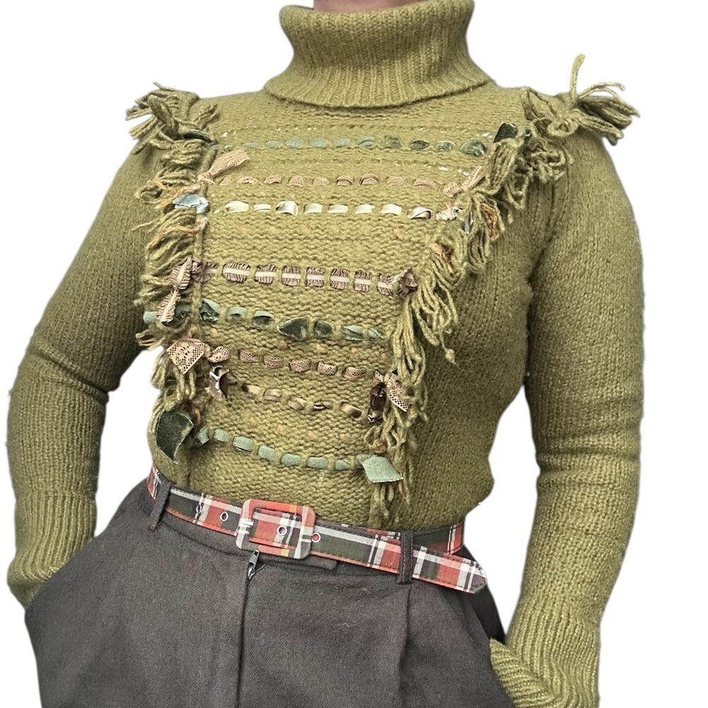 By Anthropologie Wool blend Turtleneck sweater wt Fringe and velvet details - S